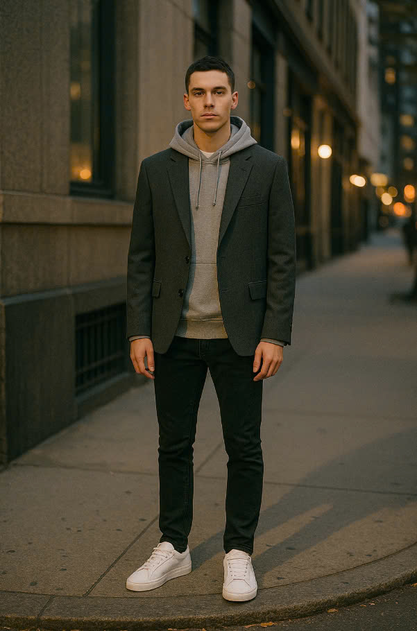 streetwear look with a blazer layered over a hoodie