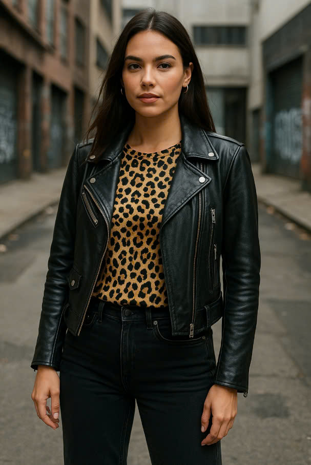Urban fashion look with leopard print top and black leather jacket