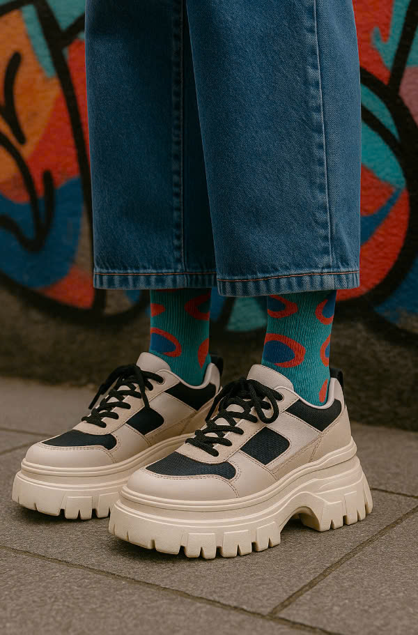 Statement platform sneakers styled with wide-leg pants, highlighting sneaker trends in modern streetwear.