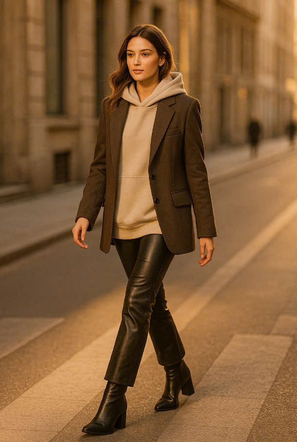 A chic layered look with an oversized hoodie, tailored blazer, and faux leather pants