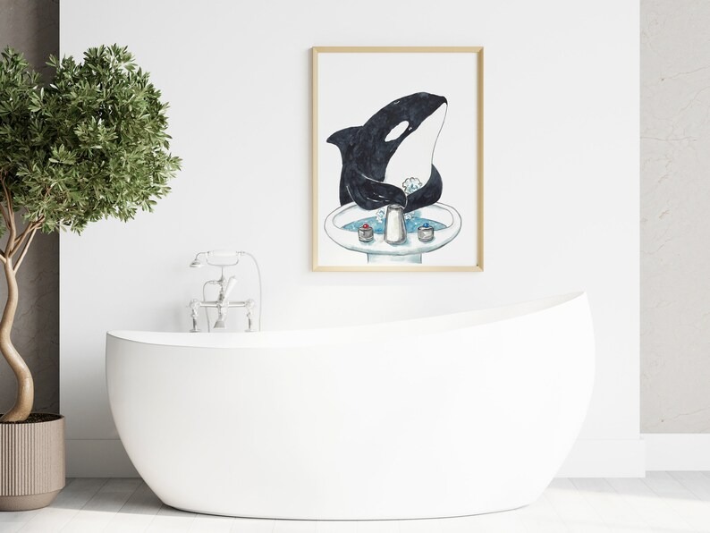 Orca whale washing hands art bathroom