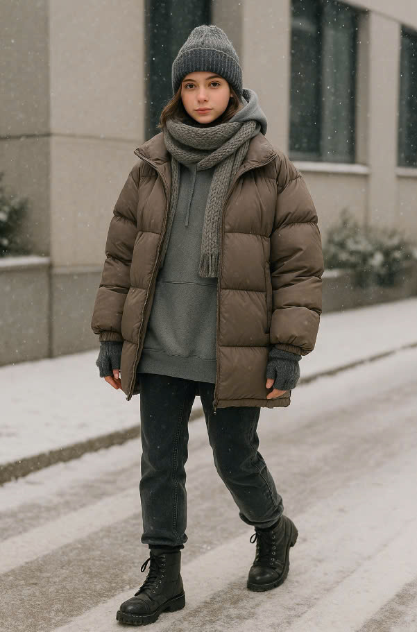 oversized hoodie under a puffer with cozy accessories