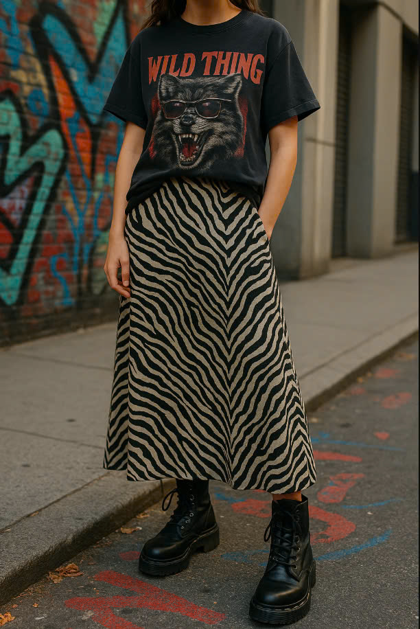  outfit with zebra print maxi skirt and combat boots