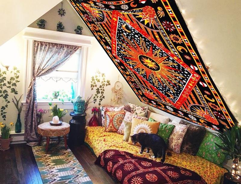 Sloped Wall with Boho Triangular Tapestries decor