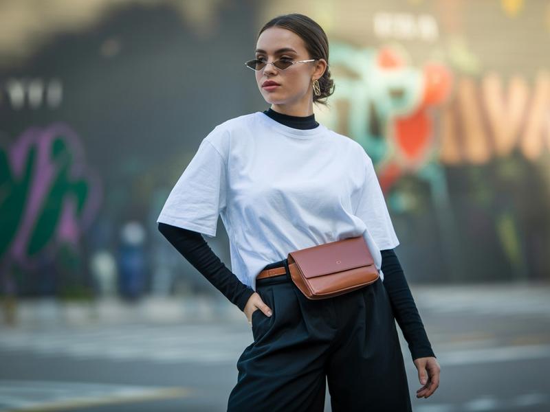 A fashion-forward outfit with a white oversized t-shirt 