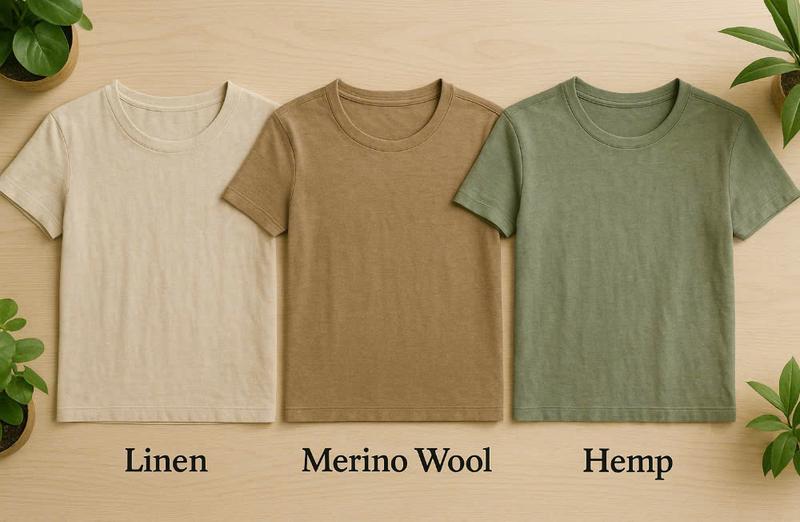 Comparison of linen, merino wool, and hemp T-shirts in a minimalist display.