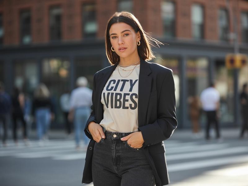 Stylish woman layering a graphic tee with a blazer and jeans for a smart-casual city look.