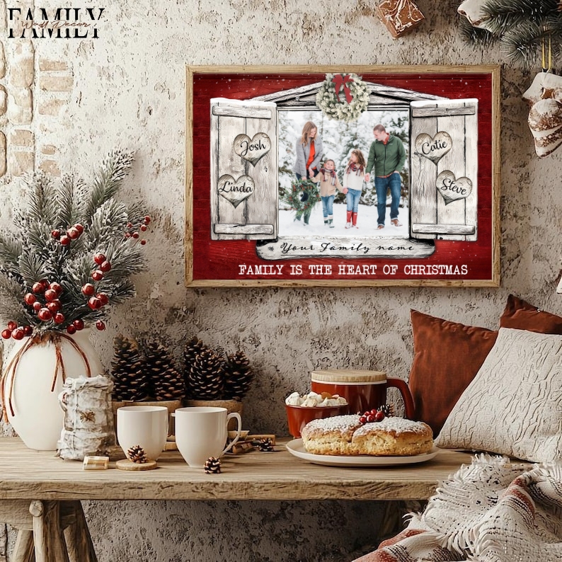 Rustic Christmas wall art with family photo and festive decor on a cozy wall