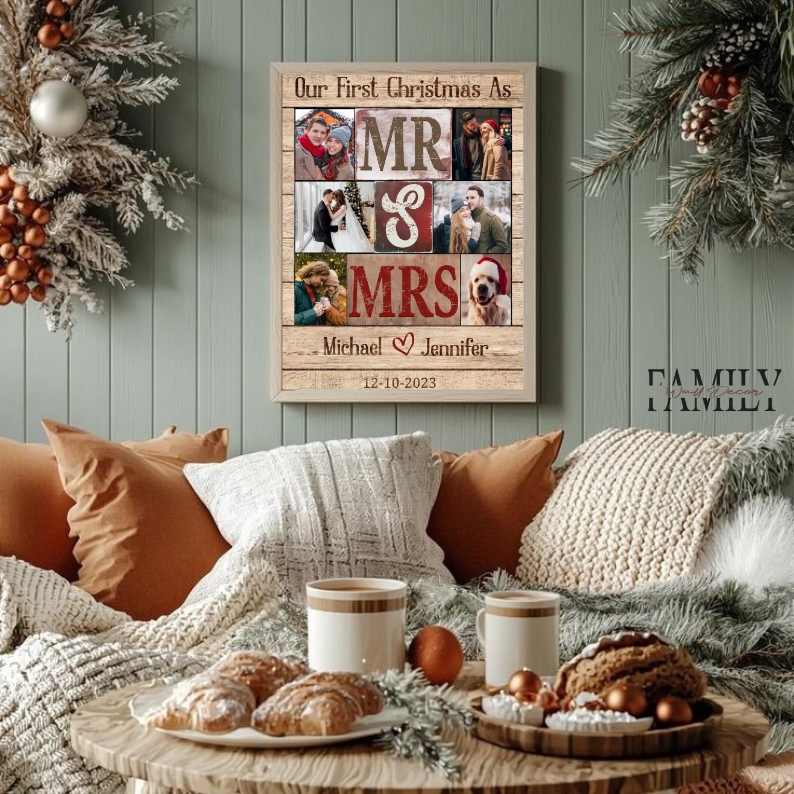 Christmas living room with Mr & Mrs canvas on the wall