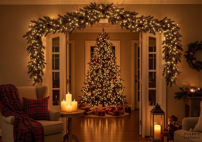 Cozy Christmas living room with garland swag over doorway, glowing tree, candles, and plaid blanket chair.