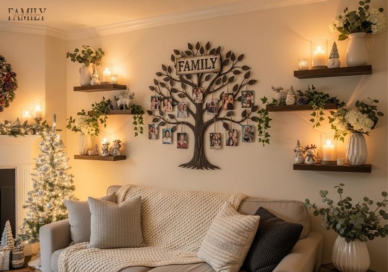 Cream living room with Family Tree photo wall art, holiday greenery, and cozy neutral décor.