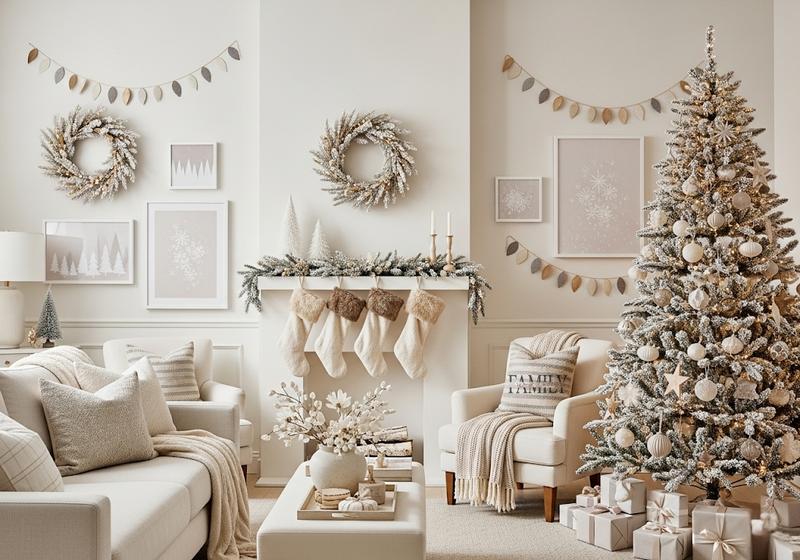 Cream Christmas living room with neutral wall decor, flocked tree, and cozy accents