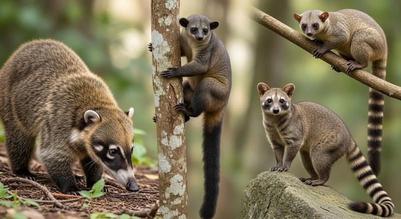 Four raccoon relatives in a forest: a coati sniffing the ground, a kinkajou hanging onto a tree trunk, an olingo resting on a branch, and a ringtail standing on a rock.