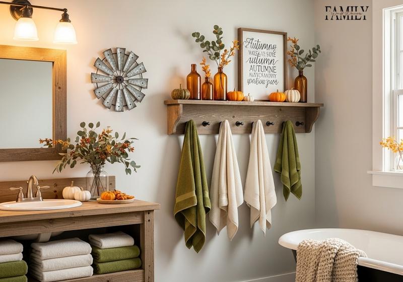 Fall farmhouse bathroom with rustic shelf, amber bottles, pumpkins, and towels