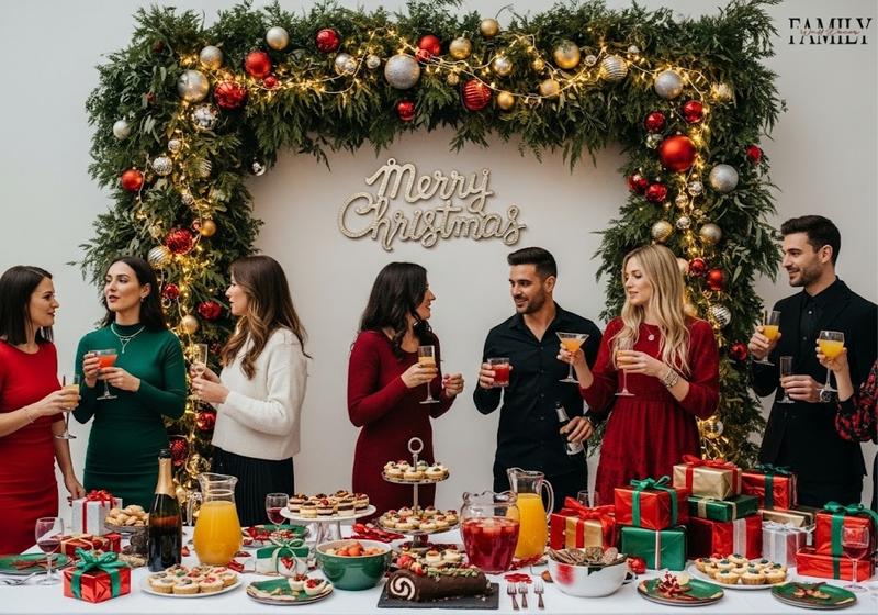 Christmas party scene with ornament curtain wall, guests enjoying drinks, festive table, and decorated Christmas tree