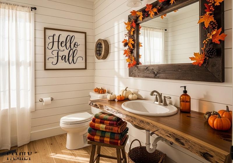 Farmhouse bathroom decorated for fall with a “Hello Fall” wall sign, pumpkins on the counter, autumn leaf garland on the mirror, and cozy plaid towels.