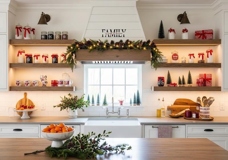 Modern farmhouse kitchen with glowing shelf lights, holiday jars, and Christmas garland