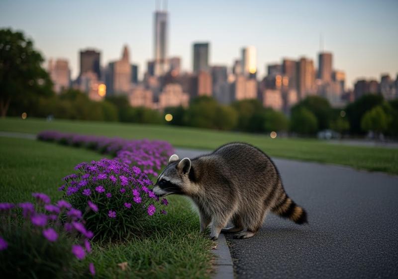 A raccoon sniffing purple flowers in an urban park with a city skyline in the background, showing adaptability to city life