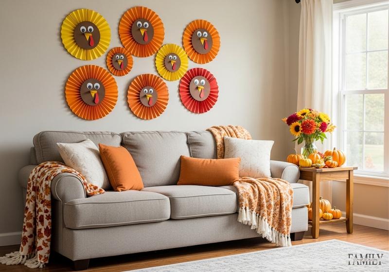 Cozy living room decorated for Thanksgiving with colorful DIY paper fan turkeys on the wall, autumn throw blanket, pumpkins, and warm natural light.