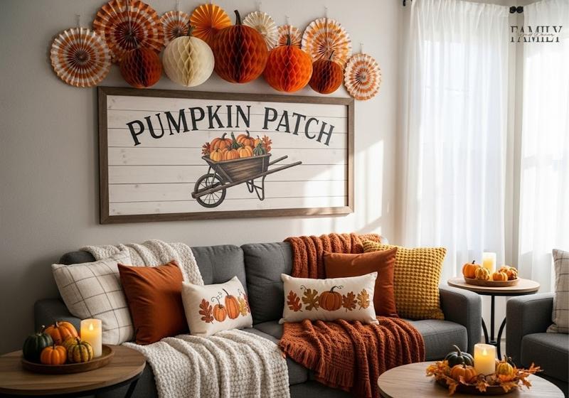Cozy Thanksgiving living room with rustic Pumpkin Patch sign, 3D paper pumpkins, and festive autumn decorations above a gray sofa.