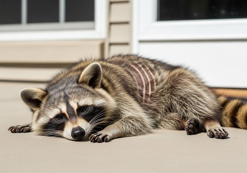 An emaciated raccoon with visible ribs and a tired posture sitting on a suburban porch during the day, symbolizing dehydration and starvation signs.