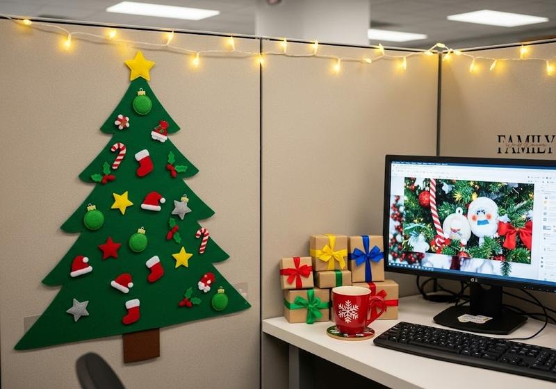 Office cubicle decorated with a DIY felt Christmas tree and Velcro ornaments on the wall, string lights, stacked gift boxes, and a computer on the desk.