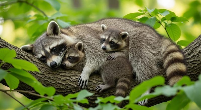 A mother raccoon cuddling her two baby kits on a tree branch in a lush green forest
