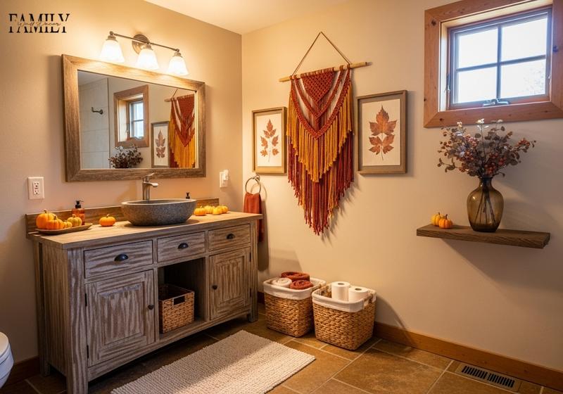 Rustic autumn bathroom with a harvest-tone macramé wall hanging, wood-framed prints, woven baskets, and cozy seasonal decor.