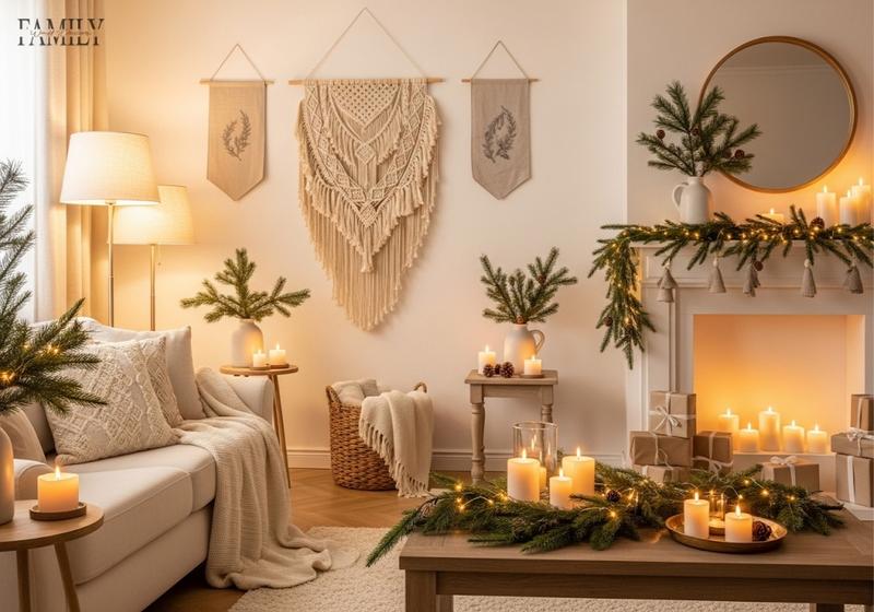 Cream Christmas wall décor with macrame hanging, linen banners, and soft garlands