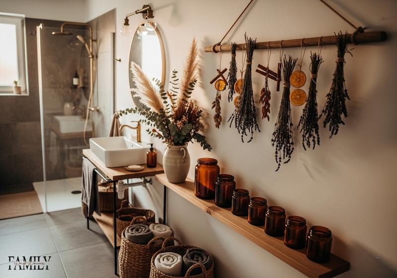 Autumn bathroom with herb dryer rack, cinnamon sticks, and amber jars