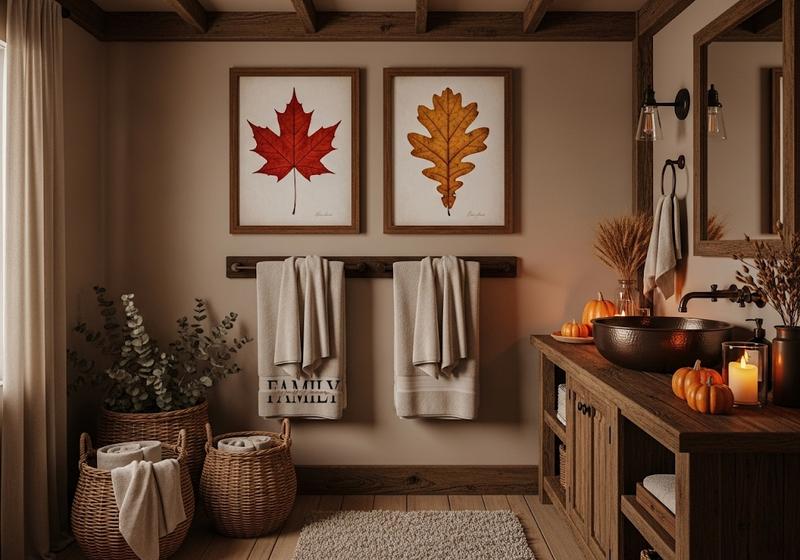 Rustic fall bathroom with wood-framed autumn leaf prints above a towel rack, woven baskets, and warm earthy decor for a cozy seasonal look.