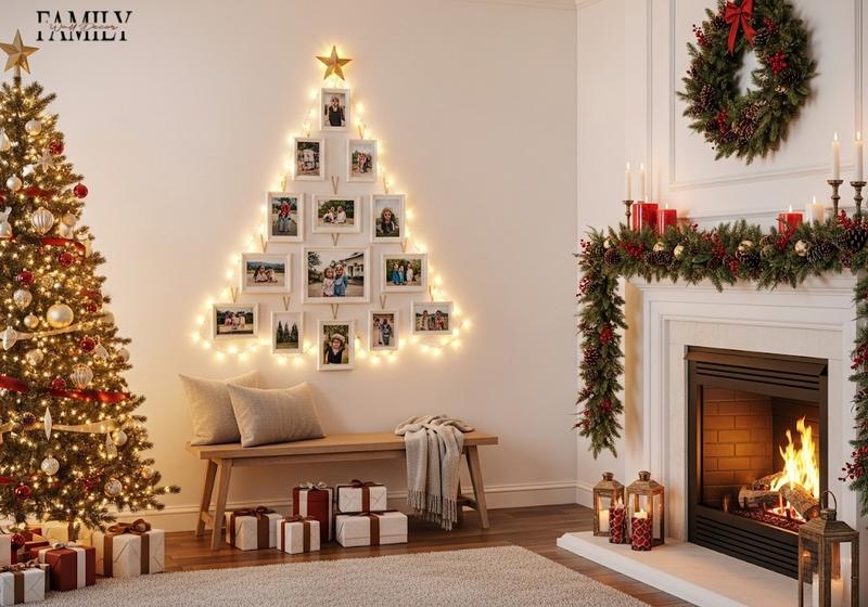 Family photo wall tree with lights, bench, gifts, and cozy Christmas decor