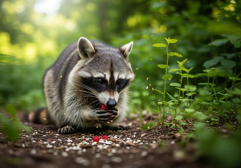 Raccoon eating wild berries near a forest edge, helping disperse seeds and support plant growth