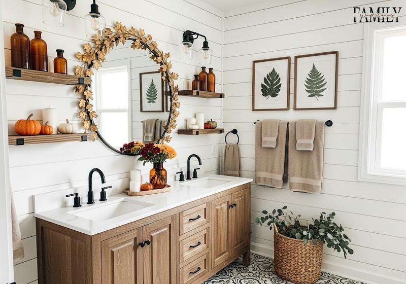 Farmhouse bathroom with autumn leaf garland on round mirror, wood shelves and pumpkins.
