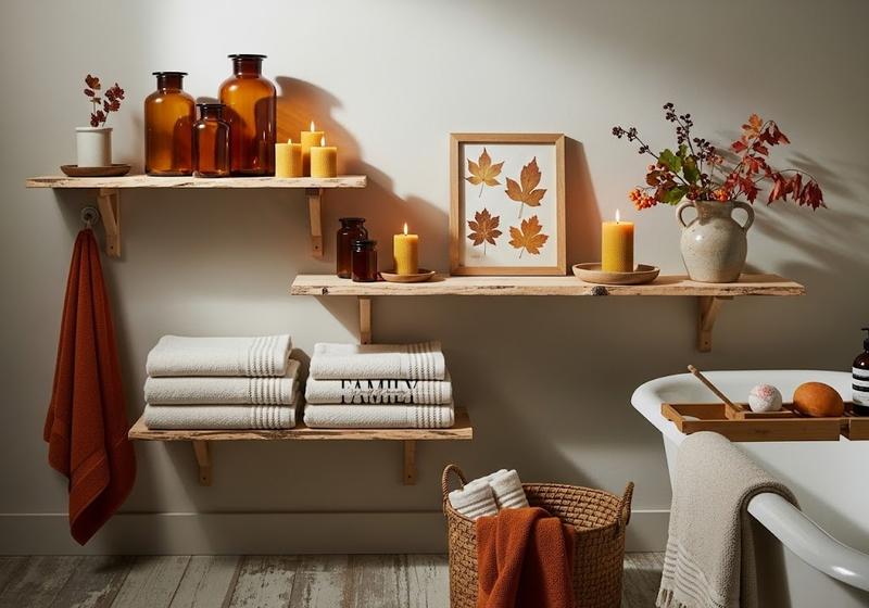 Rustic bathroom with birchwood floating shelves styled with amber jars, candles, and fall accents