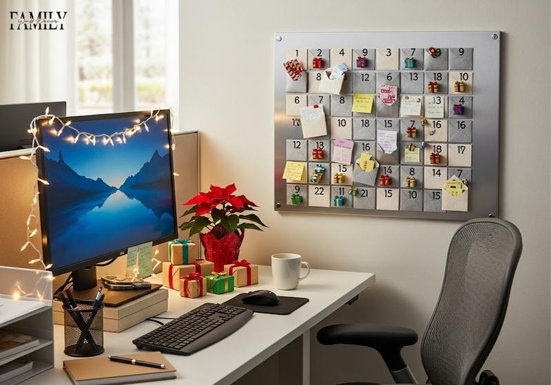 Festive office cubicle with magnetic advent calendar, gifts, and computer decorated with string lights.