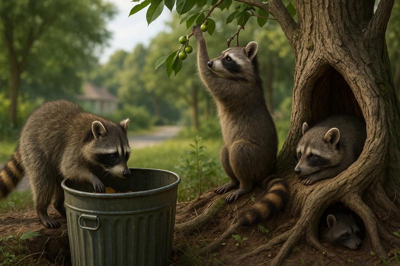 hree raccoons adapting to food shortages: one rummaging through a trash can, one climbing a tree for fruit, and one resting inside a tree hollow in torpor mode at the forest edge.