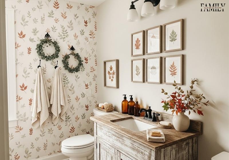 Farmhouse bathroom with framed fall leaf art, mini wreaths, and peel-and-stick wallpaper accents