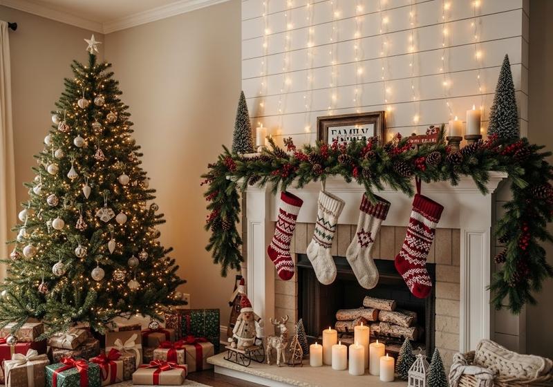 Cozy living room with a fireplace mantle decorated with string lights, garlands, and stockings