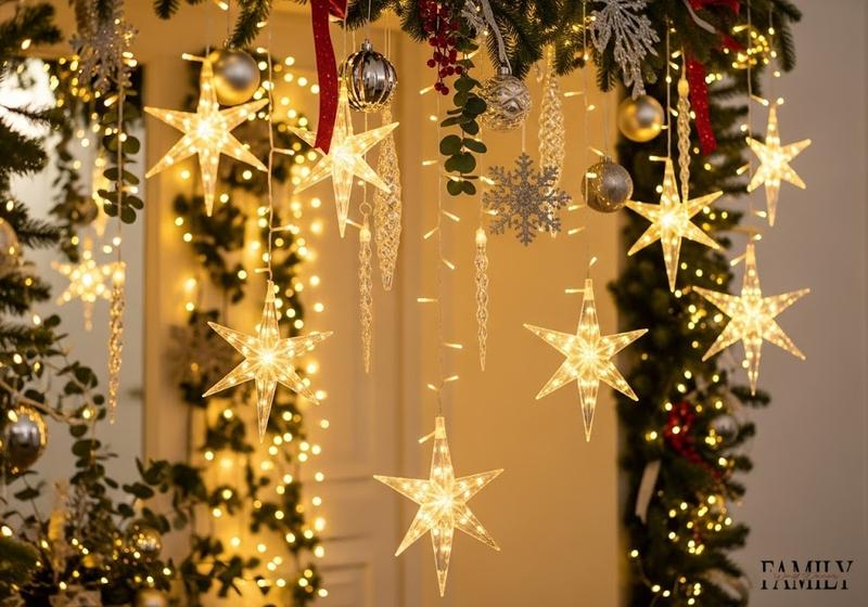Bright hanging star-shaped Christmas lights with greenery, ornaments, and festive red accents creating a warm holiday glow