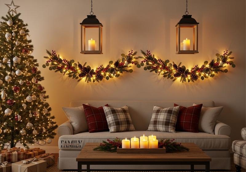 Cozy living room with hanging lanterns, lighted garlands, plaid pillows, and Christmas tree