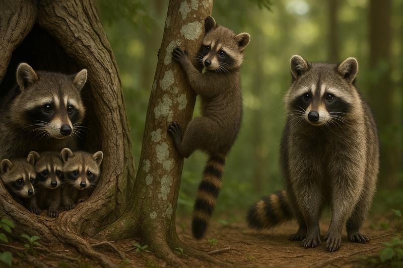 A wildlife scene showing the raccoon life cycle: baby kits in a tree hollow with their mother, a juvenile raccoon climbing a tree, and an adult raccoon standing alert on the ground.