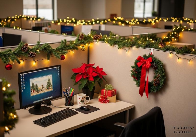 Festive Christmas cubicle with garlands, string lights, wreath, and desktop computer setup