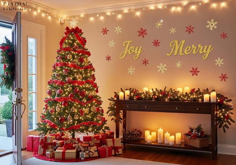 Elegant Christmas entryway with glitter Joy and Merry decals, tree, and candlelit garland.