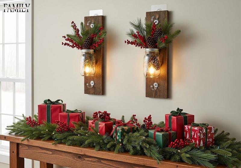 Rustic DIY mason jar wall sconces with glowing lights and holiday greenery on wood console