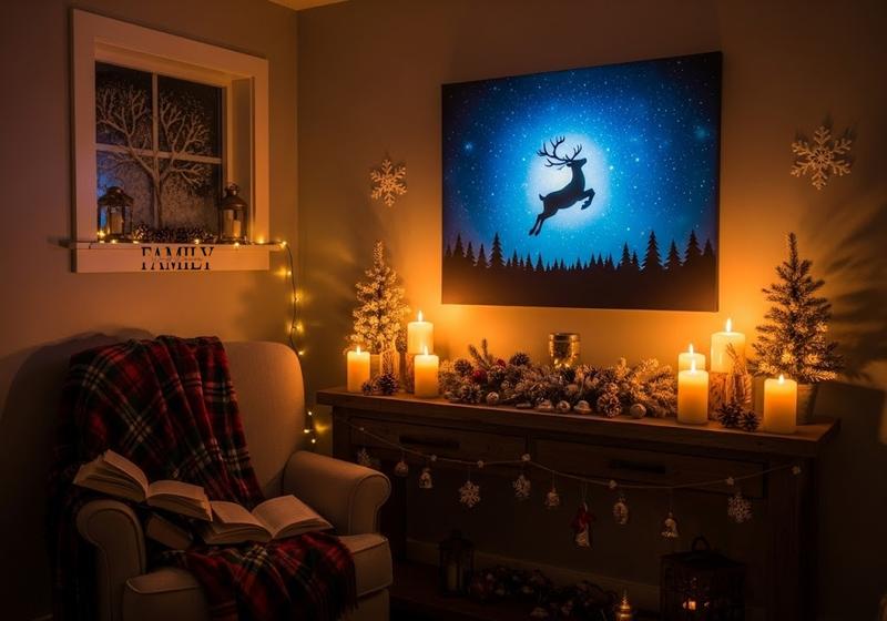 Bright backlit holiday canvas art with reindeer silhouette, candles, and cozy reading nook decor