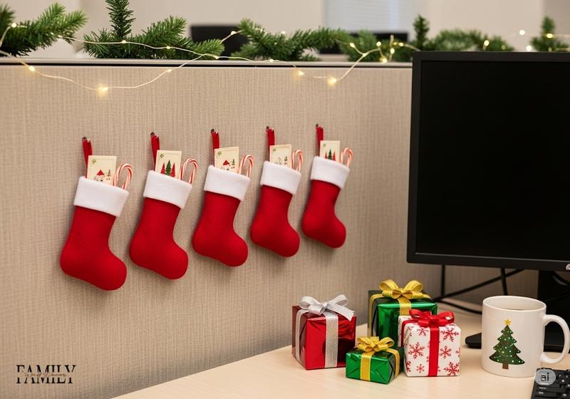 Cozy office cubicle decorated with mini stockings labeled for each teammate, subtle warm lights, and small wrapped gifts for an inclusive holiday look.