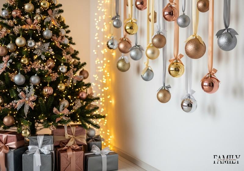 Elegant Christmas wall display with floating gold, silver, and rose gold ornaments on ribbons