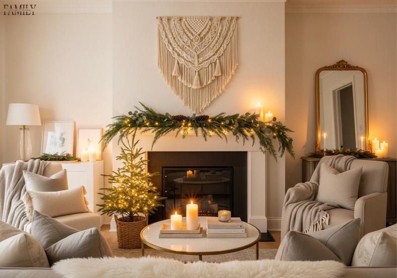 Elegant cream-colored holiday living room with a macrame wall hanging, greenery swag, candles, and a small lit Christmas tree, creating a calm and cozy festive atmosphere.