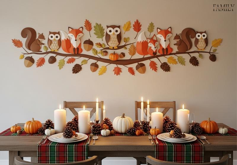 Thanksgiving wall decorated with paper woodland animals, leaves, acorns, and pinecones in earthy tones, above a rustic farmhouse dining table with candles, plaid runners, and mini pumpkins.